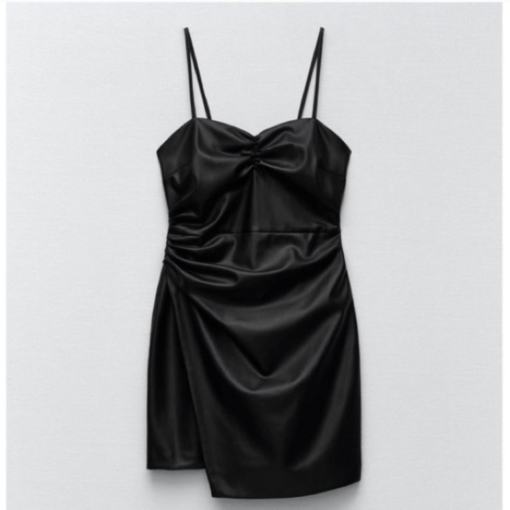 Zara Black Faux Leather Mini Dress | Size Extra Small - Picture 16 of 16